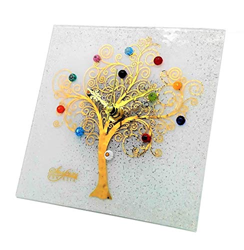 SOSPIRI VENEZIA - Reloj de mesa cuadrado de cristal de Murano, árbol de la vida, 9 x 9 cm, técnica vitrofusión, decoración murrina y hoja dorada, hecho a mano por artesanos venecianos