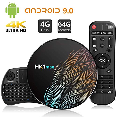 Android 9.0 TV Box【4G+64G】con Mini Teclado inalámbirco con touchpad Quad-Core 64bit Wi-Fi-Dual 5G/2.4G,BT 4.1, 4K*2K UHD H.265, USB 3.0 Smart TV Box
