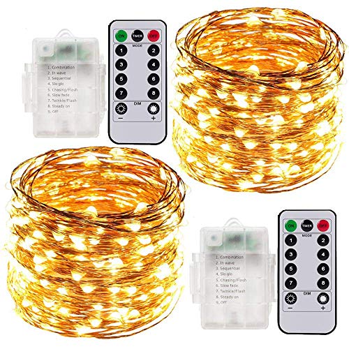 Cadena de Luces LED, 2 x 10 Meter Luces Navidad a Pilas Exterior e Interior, 100 LEDs Guirnaldas Luminosas Navidad Decorativas Impermeables Control Remoto(Amarillo Cálido) Cadena de Luces LED, 2 x 10 Meter Luces Navidad a Pilas Exterior e Interior, 100 LEDs Guirnaldas Luminosas Navidad Decorativas Impermeables Control Remoto(Amarillo Cálido)