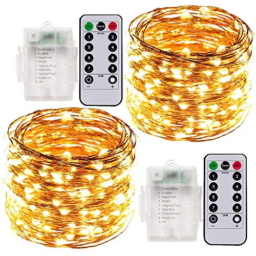 Cadena de Luces LED, 2 x 10 Meter Luces Navidad a Pilas Exterior e Interior, 100 LEDs Guirnaldas Luminosas Navidad Decorativas Impermeables Control Remoto(Amarillo Cálido)