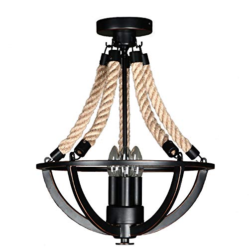 Lámpara de Techo Industrial Retro Hierro Forjado Cuerda de Cáñamo E14 Lámpara Colgante de Metal Negro mate Restaurante Sala Decoración de Iluminación Colgante (3 lámparas)