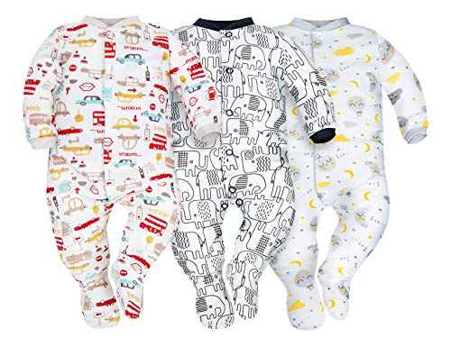 Sibinulo Niño Niña Pijama Bebé Pelele de ABS Pack de 3 Elefantes Negros, Autos y Lunas 80(9-12 Meses)