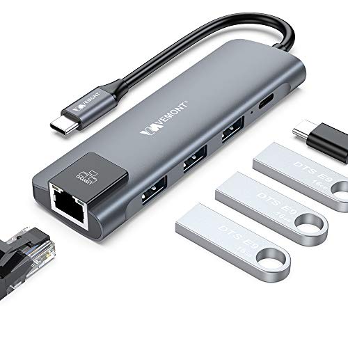 VEMONT Hub USB C, 5 en 1 Aluminio Tipo C Hub Adaptador con 3 Puertos USB 3.0, Gigabit Ethernet, 100W PD Cargador Rápido, Compatible para MacBook Air/Pro iPad XPS y más Dispositivos USB C