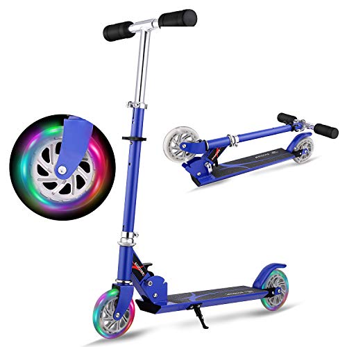 Patinete infantil WeSkate, ajustable, con 2 grandes ruedas, plegable, de aleación de aluminio, para niños y niñas, a partir de 3 – 12 años, hasta 50 kg, Azul1