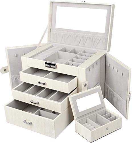 Yorbay Caja Joyero con Espejo y Cajones, Caja para Joyas, para Pendientes, Pulseras, Anillos, Almacenamiento y Expositor, Caja de joyería de Viaje Mini, Rayas Imitacion a Madera Blanco Reutilizable