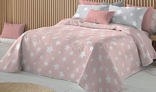 Mercato House - Colcha Bouti Estampada Infantil Estrellas Estela/Colcha Reversible /100% Poliéster Relleno de 100gr + Fundas Cojín 50x60cm, (Rosa - Gris, Cama - 90 (180x270))