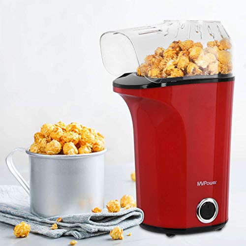 MVPower Máquina de Palomitas, 1400W, Gran Capacidad, Rápida, Fabricante Automática de Palomitas, Aire Caliente Potente sin Aceite, Rojo, sin BPA, para el Hogar