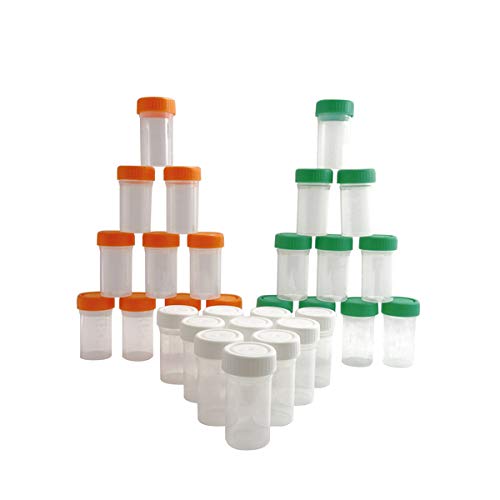 KENZIUM - Set de 30 Frascos Graduados de Laboratorio, para Muestras de 50 ml | de Cuello Ancho, de Plástico, Con Tapas Multicolor de Rosca, Contenedores de Recogida, Color Naranja, Blanco y Verde