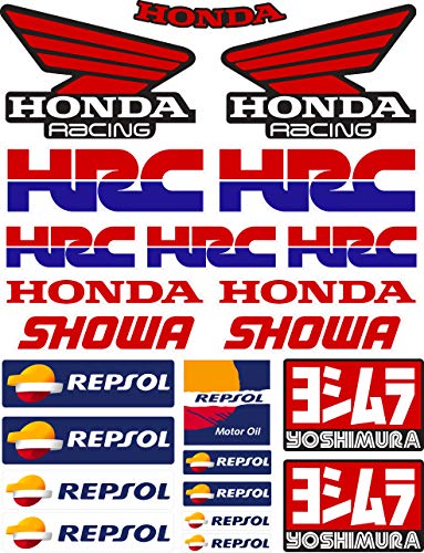 Pegatina Adhesivo Vinilo Sponsor Patrocinador Compatible con Honda - HRC - Showa - Yoshimura-Repsol Impresión Digital Laminado contra Rayos Uvi y Arañazos Hoja A 4 (23 Stickers)