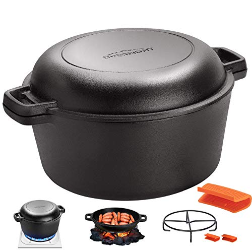 Overmont Olla Holandesa 4.73 L/ 5 Quart Cacerola de Hierro Fundido Tapa de Doble Función Sartén Plancha Pre Sazonado con Cubiertas de Manijas para Camping Cocina Casera Barbacoa Hornear