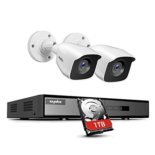 SANNCE Kit de Videovigilancia 4CH DVR 5-en-1 y 2 1080P HD Cámaras de Vigilancia Sistema de Seguridad Visión Nocturna Leds IP66 Interior/Exterior Acceso Remoto-1T Disco Duro