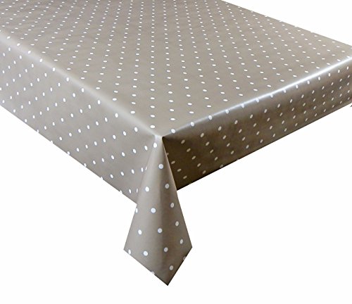 2.5 metres (250 x 137cm) vinyl tablecloth, beige polka dot, 8 seater size wipe clean textile backed pvc table cloth (72) by LINEN702