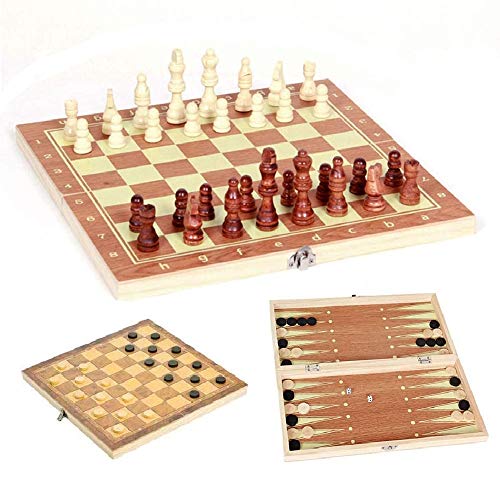 3 en 1 Ajedrez de Madera Plegable 4 Tamaño Tablero de Ajedrez Juegos de Mesa Tablero de Ajedrez Juego de Ajedrez/Damas/Backgammon Set Regalo para Niños y Adultos (24*12*2.8CM)