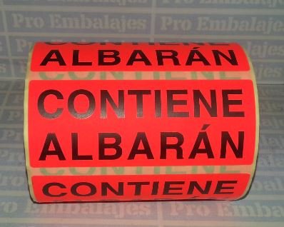 500 Etiquetas CONTIENE ALBARAN - Tamaño 94x38 mm - Papel rojo fluor y texto en negro