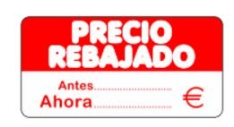 500 Etiquetas PRECIO REBAJADO. Antes Ahora. €. En papel blanco e impresas en rojo, de 50 x 25 mm. (se suministran en 1 rollo) 500 Etiquetas PRECIO REBAJADO. Antes Ahora. €. En papel blanco e impresas en rojo, de 50 x 25 mm. (se suministran en 1 rollo)