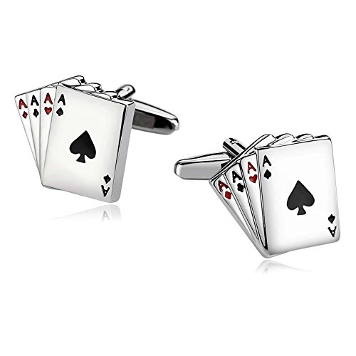 Adokiss Gemelos de acero inoxidable para hombre, diseño de cartas de póquer, color plateado, 1,8 x 1,5 cm, regalo para novios