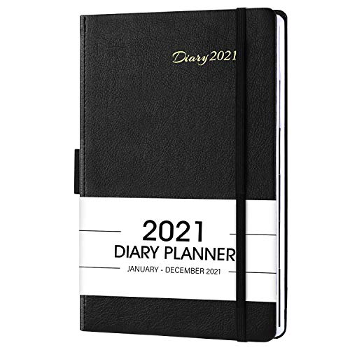 Agenda 2021 dia pagina, A5 Diario 2021 de enero a diciembre, Planificador diario con cubierta de cuero, bolsillo interior y 16 páginas de notas adicionales, 21x14.8cm