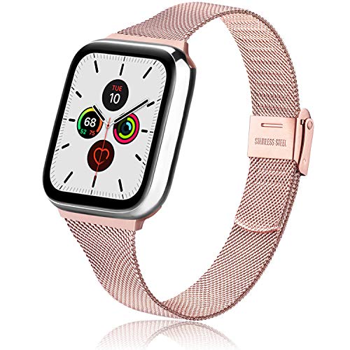 Amzpas Correa fina compatible con Apple Watch de 38 mm, 40 mm/42 mm, 44 mm, correa de acero inoxidable con fina de metal para iWatch Serie 6 5 4 3 2 1 SE (38/40 mm, rosa)