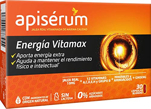 Apisérum Vitamax Cápsulas - Aporte de Energía Extra y Vitalidad Favorece el rendimiento físico e intelectual Con Jalea Real, Vitaminas A,C,D,E,H y grupo B, Minerales, Aminoácidos, Ginseng