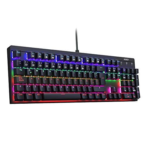 AUKEY Teclado Mecánico Retroiluminación LED con Interruptores Azul, 105 Teclas 100% Anti-ghosting, Disposicion Española Teclado Gaming con Panel de Metal e Impermiable