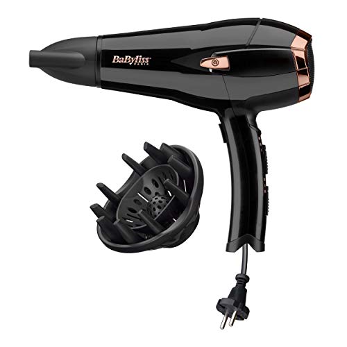 BaByliss D373E Secador de pelo retráctil, iónico, Motor DC 2000W de potencia, 2 velocidades, 3 temperaturas, incluye boquilla y difusor, cable retráctil, negro, peso ligero 535 gramos