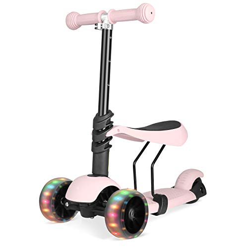 Bamny Patinetes de 3 Ruedas Amplias, Scooter para Niños 1 a 5 Años con Asiento Extraíble, Manillar Altura Adjustable, Led Luces, Rosa