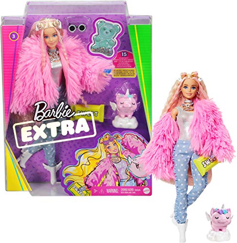 Barbie- Muñeca Extra 3 con un Mullido Abrigo de Peluche Rosa, una Mascota Mezcla de Unicornio y Cerdito (Mattel GRN28)