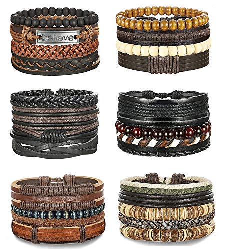 Besteel 24 Piezas Cuero Pulseras para Hombre Mujer Trenzado Pulsera Cuentas de Madera Cuerda Brazalet Vintage Pulsera Ajustable