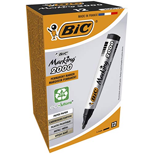 BIC Marking 2000 ECOlutions Marcadores Permanentes Punta Media - Negro, Caja de 12 Unidades, Rotuladores negros con tinta de secado rapido