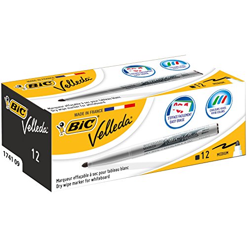 BIC Velleda 1741 marcadores de pizarra punta media para pizarra blanca, Caja de 12 unidades, color negro BIC Velleda 1741 marcadores de pizarra punta media para pizarra blanca, Caja de 12 unidades, color negro