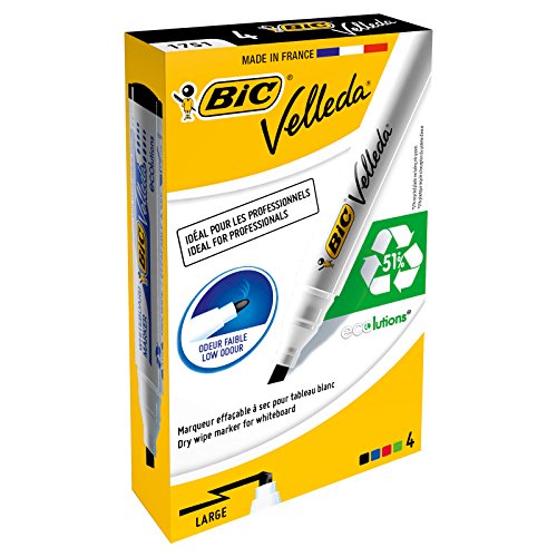 BIC Velleda 1751 ECOlutions rotuladores de Pizarra punta biselada Media – colores Surtidos, Blíster de 4 unidades