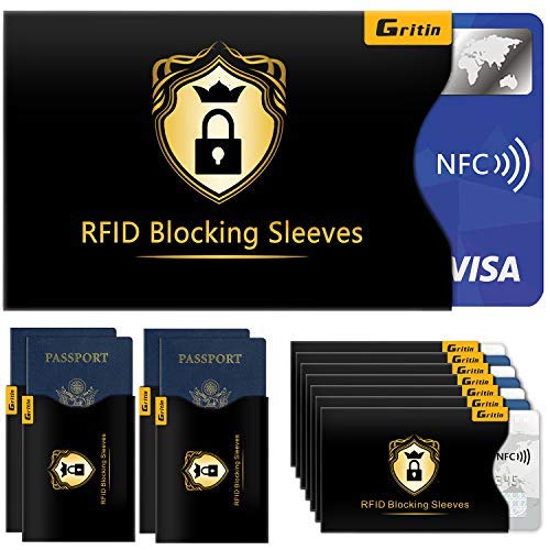 Bloqueo RFID, Gritin 18-Paquetes Protectores de Bloqueo para Tarjetas de Credito, Pasaporte,Débito, Identificaciones y Pasaporte [14 Protectores de Tarjeta Credito & 4 Protectores de Pasaporte]