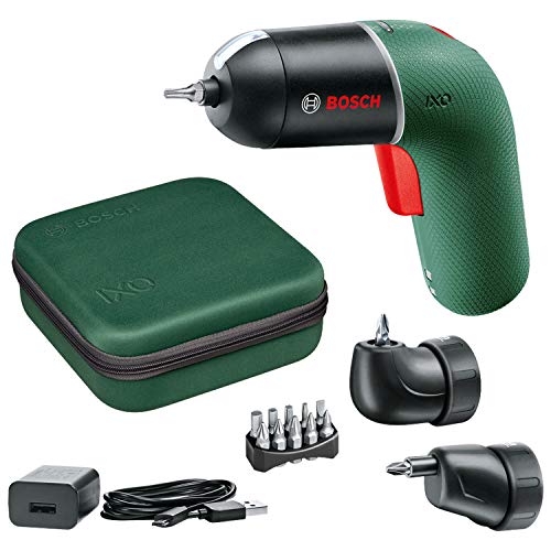 Bosch atornillador a batería IXO Set 6.ª generación, verde, con adaptadores angular y excéntrico IXO, CONTROL DE VELOCIDAD variable, recargable con cable micro-USB, en maletín blando