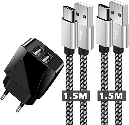 Cargador Móvil con Cable USB Tipo c, Cargador USB Tipo C con 2 Puertos, Cargador Tipo c para samsung s9/s8/s10,Note 9/8,Huawei p20 pro/p10/p9/p8,xiaomi mi a2,mi 8/9,y más Cargador USB C Dispositivos