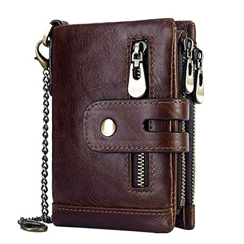 Cartera Hombre HALOVIE, Cartera Hombre Monedero de Cuero con RFID Bloqueo Billetera Piel Hombre Monedero con Cremallera Bifold 16 Ranuras para Tarjetas Carteras para Hombre con Cadena Regalo, Marrón