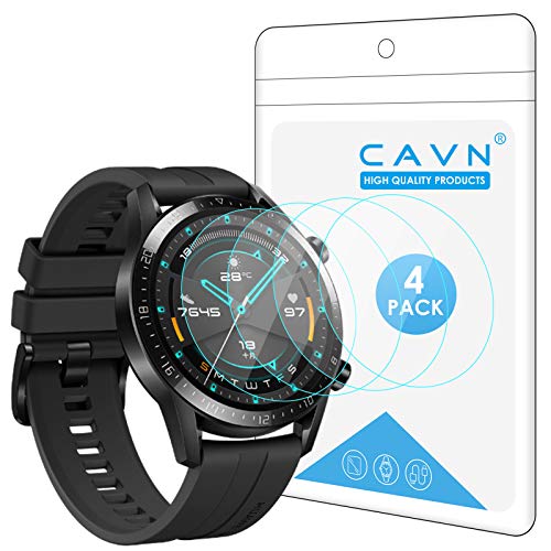 CAVN Protector de pantalla compatible con Huawei Watch GT2 46mm (no para GT 2 Pro), 4 unidades impermeable, a prueba de golpes,antiburbujas, protector de pantalla de cristal templado para GT 2