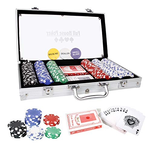 CCLIFE Maletín Aluminio de Póker ste Profesional 300 / 500 Chips Barajas de Cartas, Distribuidor, ciega Pequeña, Big Blind Buttons,Tapete y 5 Dados, Tamaño:300 fichas CCLIFE Maletín Aluminio de Póker ste Profesional 300 / 500 Chips Barajas de Cartas, Distribuidor, ciega Pequeña, Big Blind Buttons,Tapete y 5 Dados, Tamaño:300 fichas