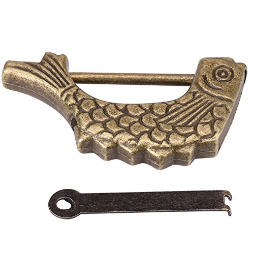 Cerradura de metal en forma de pez, cerradura de bronce antigua en forma de pez, candado chino antiguo con llave para joyero de cajón 59 × 31 mm