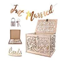 CNNIK Bricolaje Caja de tarjetas de boda de madera con candado y letrero de tarjeta, Caja de postes tallada hueca removible, Recogiendo regalos Recepción de boda Cumpleaños y ocasiones especiales