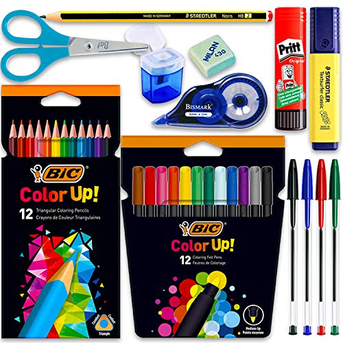 Coleset Pack Material Escolar Secundaria Instituto ESO Educacion Kit Utiles Escolares Set Escolar Lote Materiales Escolares Kawaii Lápices de Colores Rotuladores Boligrafos Bic Papeleria