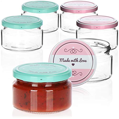 com-four® 6x Tarros de Cristal para Conservas con Tapa de Rosca"Made with love" en Verde y Rosa - TO Ø 82 mm - 200 ml