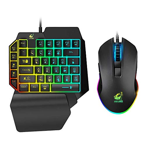 Combo de Teclado y ratón para Juegos de una Mano, con Cable de 39 Teclas, sensación mecánica Arco Iris retroiluminado con reposamuñecas para PC/Xbox/PS4 Teclado de una Sola Mano y ratón RGB Gaming