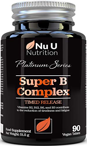 Complejo de Vitamina B - 8 Vitaminas B de Alta Potencia y Vitamina C - Vitaminas B1, B2, B3, B5, B6, B8, B9 y B12-90 Comprimidos de Liberación Sostenida - Suministro Para 3 Meses - Vegano