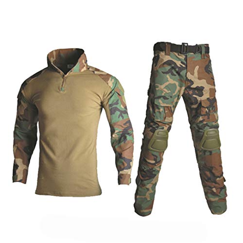 Conjunto táctico camisa + pantalones + rodilleras + coderas para exteriores, traje militar uniforme camuflaje ropa de caza verde selva S