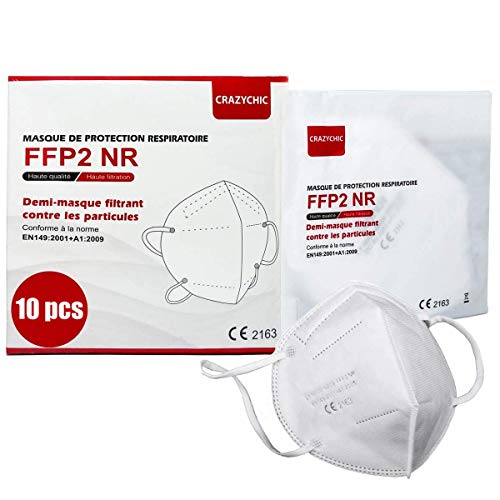 CRAZYCHIC - Mascarilla FFP2 Homologada Certificada CE EN149 - Mascarilla de Protección Respiratoria - Protectora Respirador Antipolvo - 5 Capas Alta Filtración - Entrega Rápida - Paquete de 10 Piezas