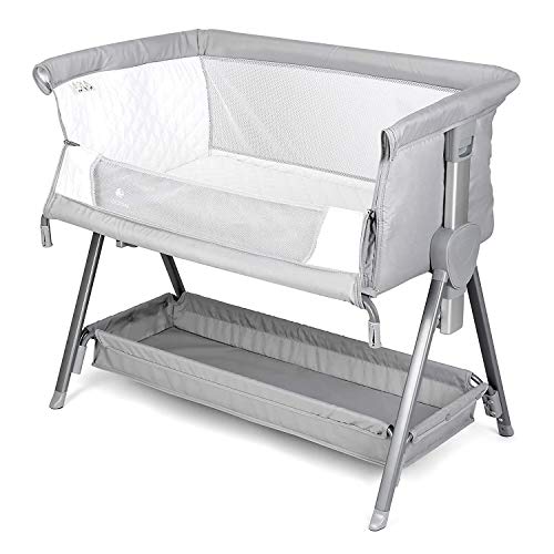 CRZDEAL Cuna Colecho Bebe, Cuna de Colecho para Recién Nacidos con una Gran Cesta de Almacenamiento, Altura Ajustable, Colchón Desmontable y Lavable, Malla Transpirable, Gris, Tejido Fijo de Cama