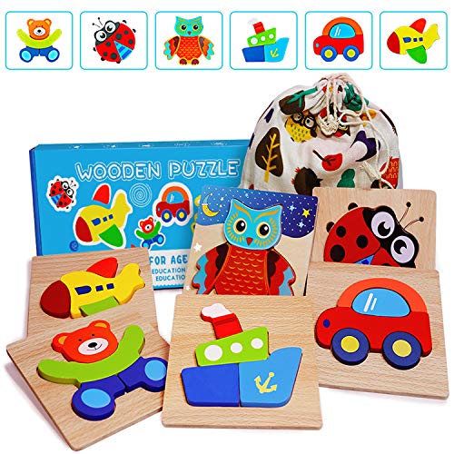 Darsen Juguetes Bebes Puzzle de Madera para Niños y Niños 1 Año 2 3 4 5 Años Montessori Educativos Rompecabezas Infantiles Juegos Regalos Preescolar de Aprendizaje 3D Animales y Vehículos 6 Piezas