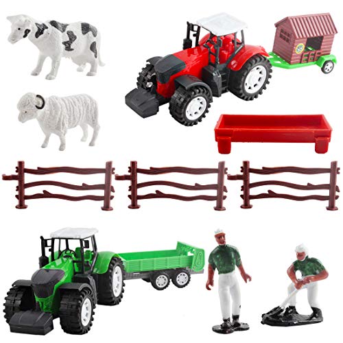 deAO Juego de Granja con Vehículos a Fricción Conjunto 2en1 Incluye Tractores, Figura de Granjero, Animales y Accesorios de Rancho