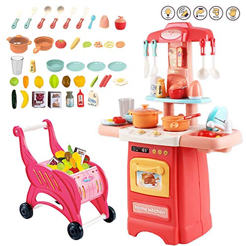 deAO Mi Pequeño Chef Cocinita de Juguete con Tamaño Mini Características de Agua, Luz y Sonidos Conjunto Infantil de Cocina con 50 Accesorios Incluidos (Rosa)