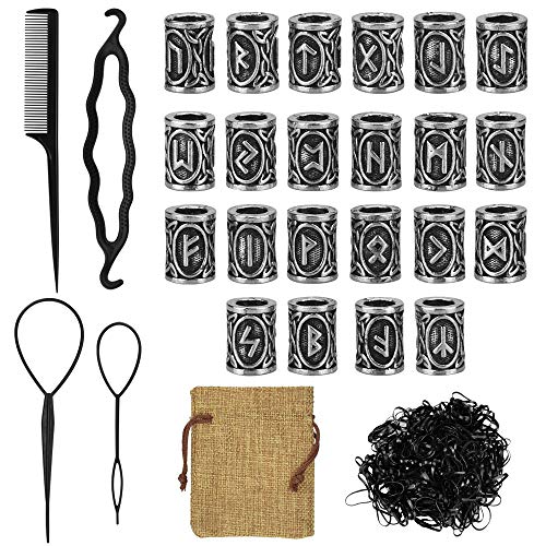 DECARETA Juego de 24 anillos de barba con cuentas para pelo y barba, estilo nórdico, 4 horquillas para introducir el pelo y la barba y 400 gomas negras para el pelo, color plateado, con bolsa